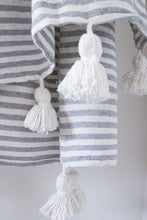 Load image into Gallery viewer, Grey Stripe Pom Pom Blanket