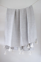 Load image into Gallery viewer, Grey Stripe Pom Pom Blanket
