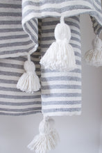 Load image into Gallery viewer, Grey Stripe Pom Pom Blanket
