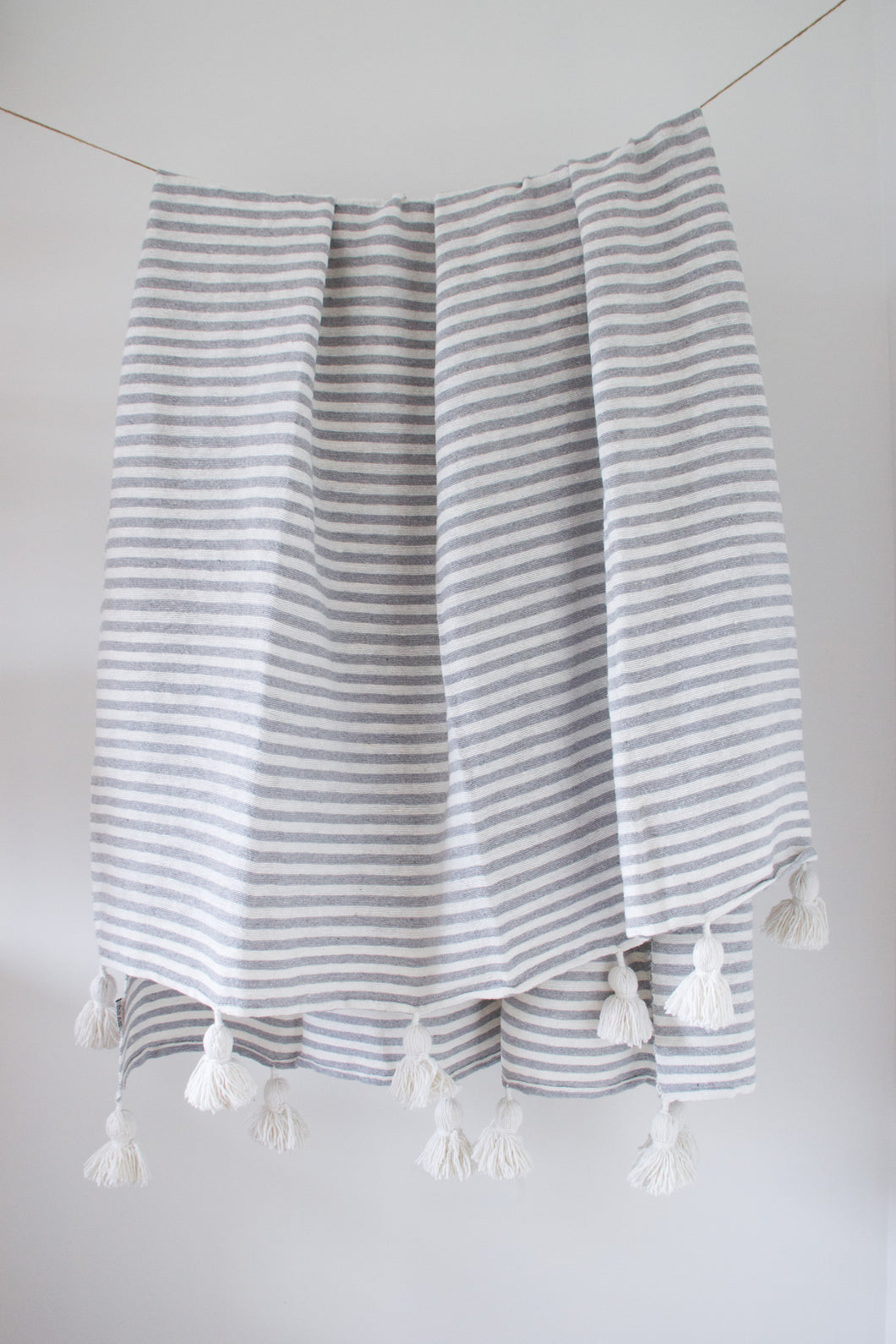 Grey Stripe Pom Pom Blanket